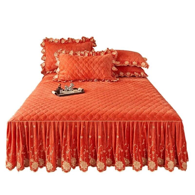 Copriletto trapuntato a fiori ricamato in velluto spesso gonna da letto di lusso morbido con 2 federe per cuscini Queen King Dropshipping