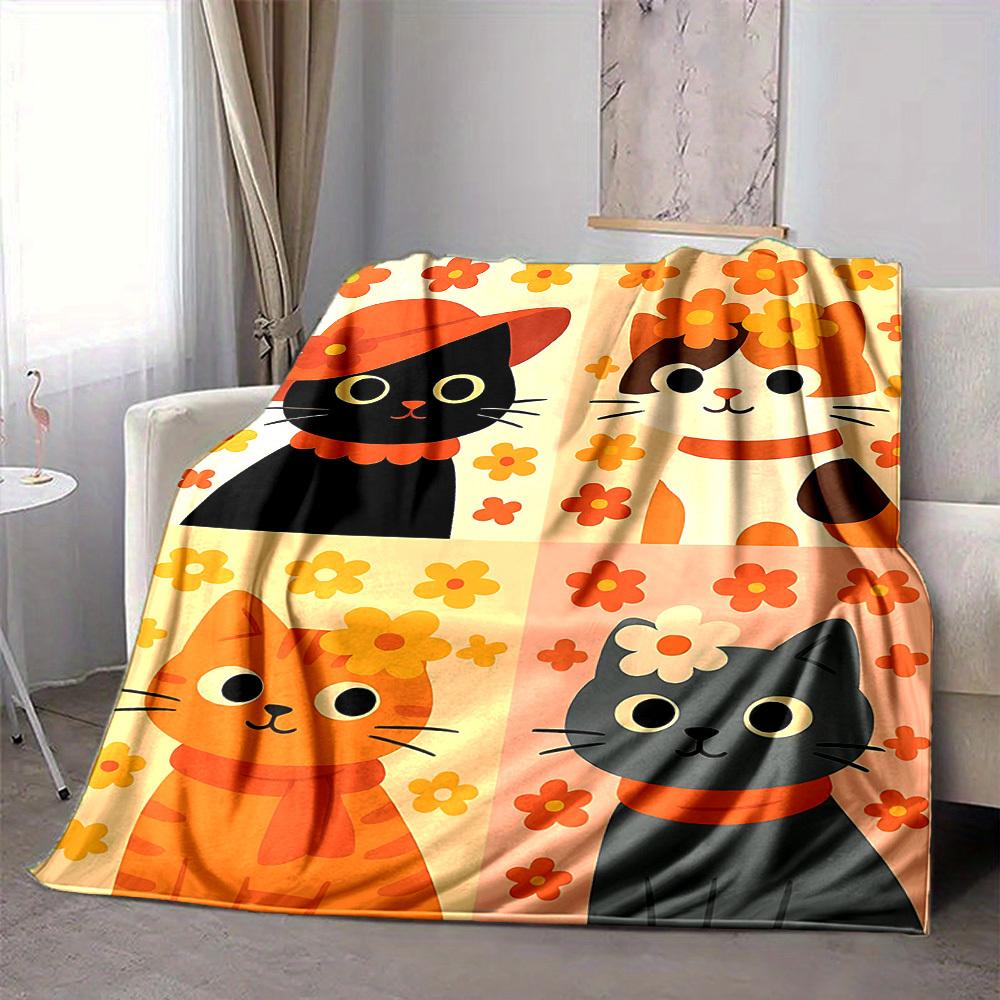 1pc Floral Cats Print Blanket - Lightweight Flannel Blanket For Sofa, Bed, Living Room, Office, Outdoor Travel, Camping, Soft 069