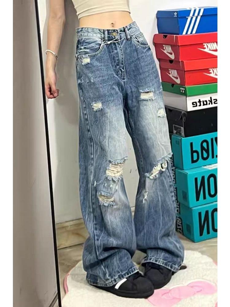 Comfortable Broken Hole Big Size Wide Leg Jeans Female Loose Hundred High Waist Trailing Straight Trousers Jeans for Women Long Denim Pants