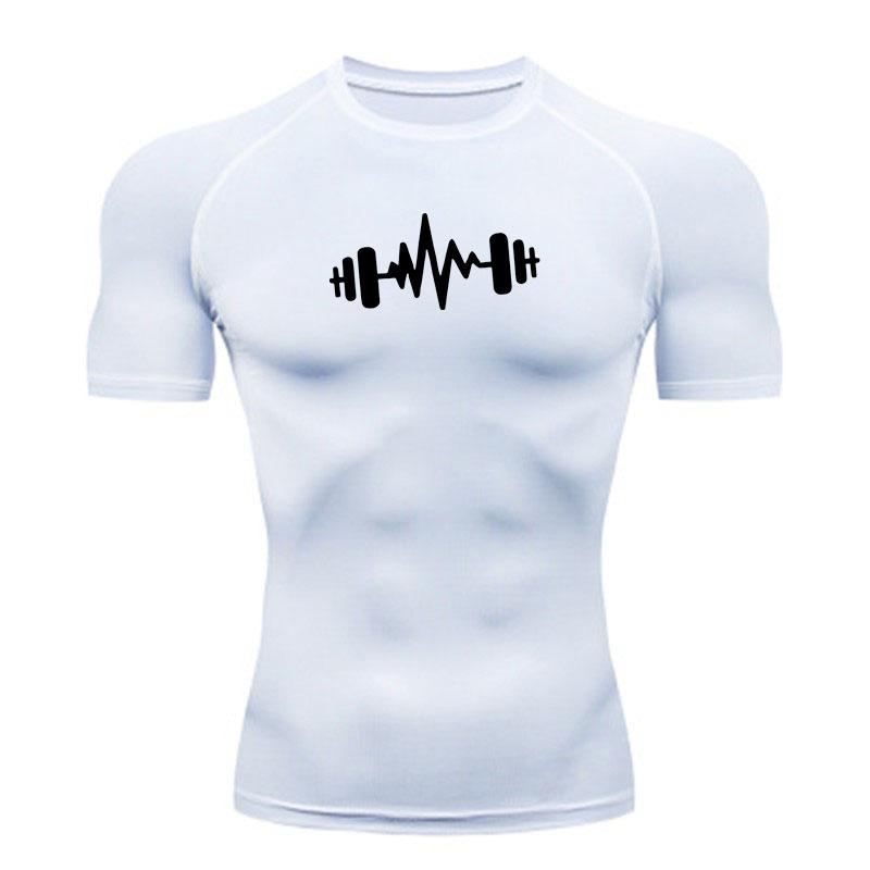 Men's Compression Workout T-Shirt, Dumbbell Heartbeat Printed Quick Dry Breathable Athletic Shirt for Gym Training Runni