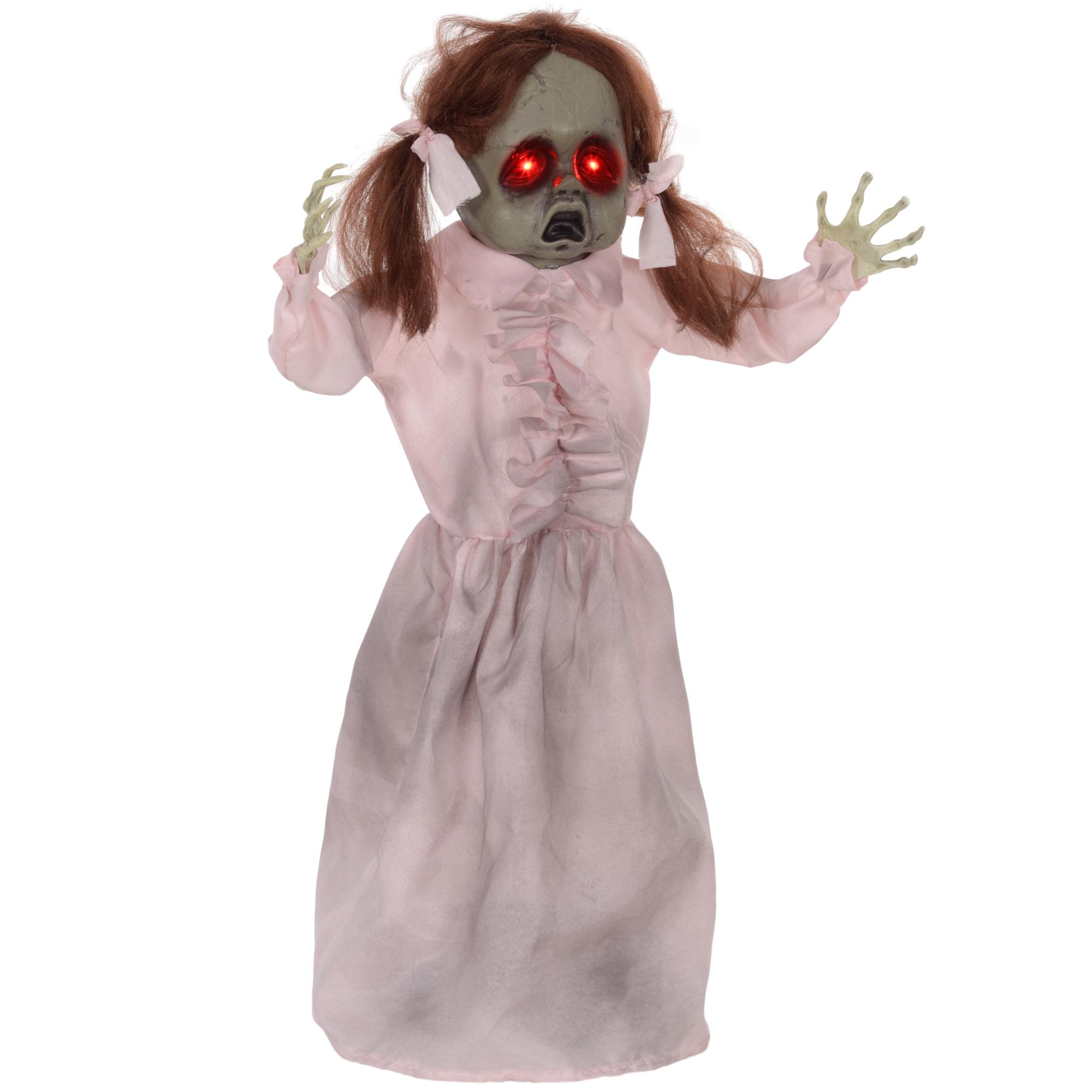 Lalka grozy Helloween Dekoracja Aktywowana Dźwiękiem Dotykiem Czerwone Oczy 76 cm