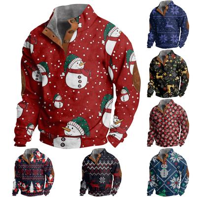 Herren-Sweatshirt mit Knopfleiste und europäisch-amerikanischem / winterlichem Aufdruck, Langarm