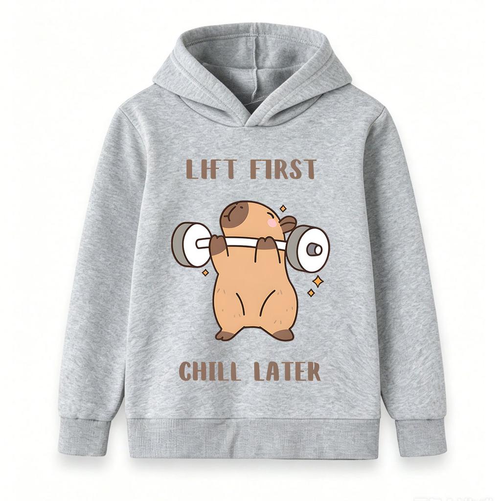 Kids Boys Girls Hooded Pullover Sweatshirt, Cute Capybara Lift First Chill Later Graphic Casual Soft Long Sleeve Hoodie For Daily Workout Playwear