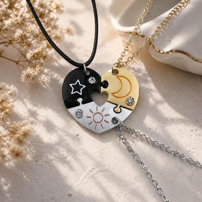 Juego de Collar de Rompecabezas de Sol, Luna, Estrella y Corazón de 3 Piezas Con Pedrería Brillante Para Regalos de Mejor Amiga Uso Diario Cumpleaños
