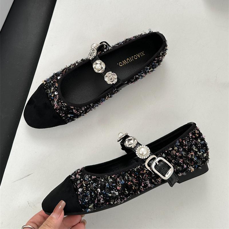 

Модные женские твидовые балетки смешанных цветов со стразами, с ремешком и пряжкой, туфли на плоской подошве, женские лоферы слипоны с круглым носком, женские лоскутные балетки 35 чёрный