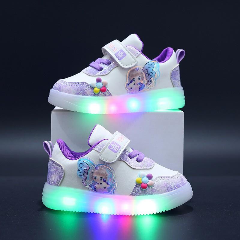 Zapatos deportivos para niñas con luz LED, suela suave para niños, zapatos casuales de princesa rosa y morado