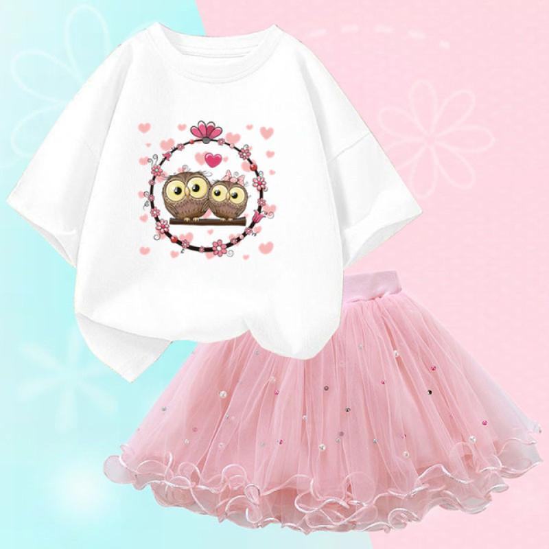 

Хлопковая футболка с милым рисунком + юбка, комплект из 2 предметов, детская одежда, подарок на день рождения, детская одежда, комплекты одежды для девочек с милой совой от 2 до 14 лет