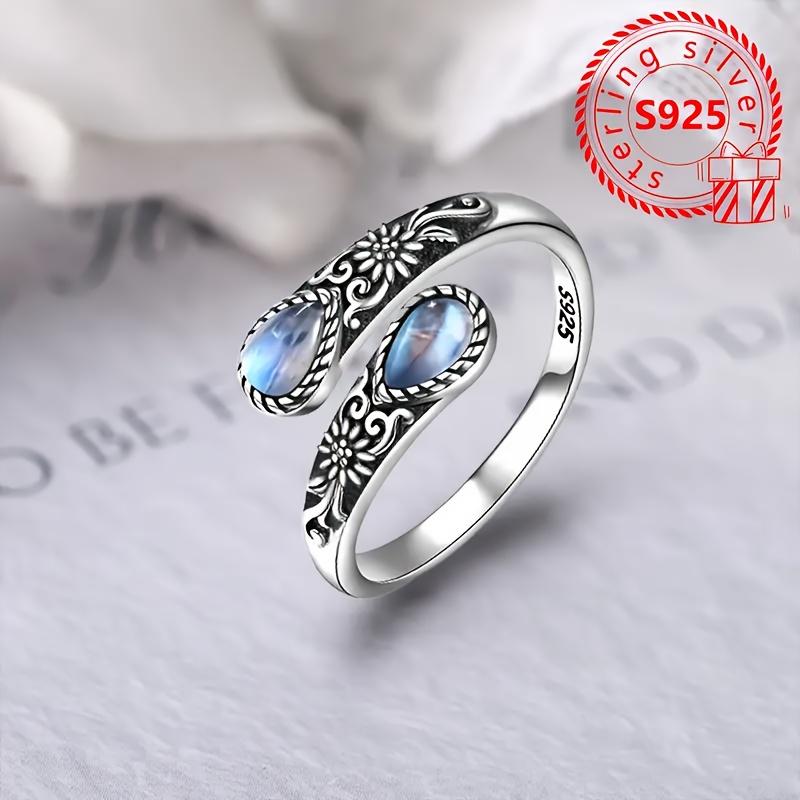 [Sterling Silver Ring] Vintage Bohemian 925 Sterling Silver Moonstone Spoon-Shaped Ring | Adjustable Butterfly Closure, Daily Wear & Gift for Her, Inc