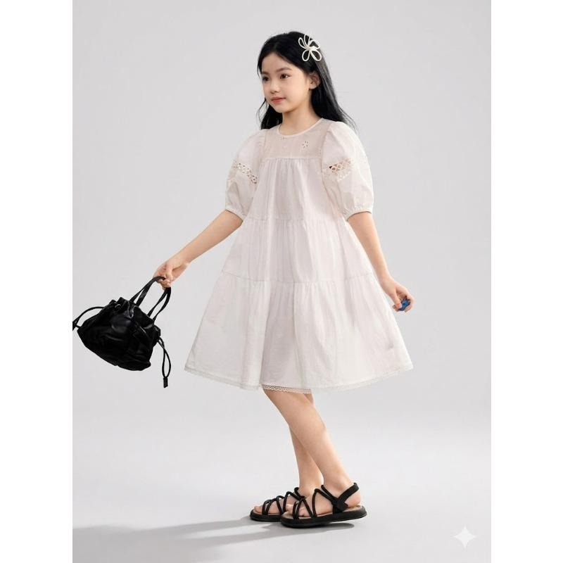 Big Girls Puff Sleeve Short Sleeve Princess Dress Casual Summer Sweet Kids Dress