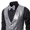 Men Suit Vest V-Neck Sleeveless Single Breasted Stage Show Waistcoat with Pockets Slim Fit Shiny Sequins Bow Tie Weddings Proms Vest