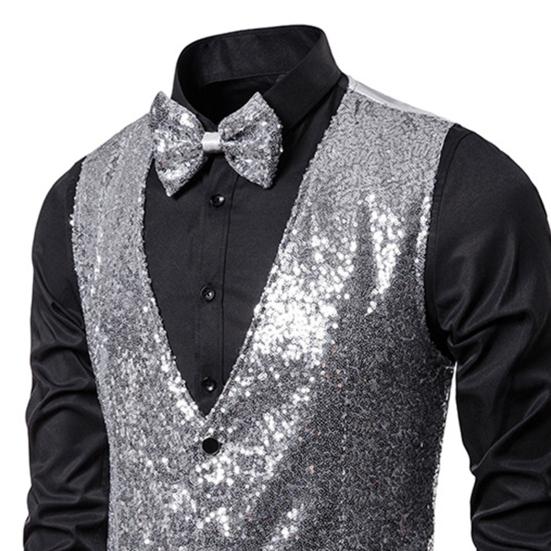Men Suit Vest V-Neck Sleeveless Single Breasted Stage Show Waistcoat with Pockets Slim Fit Shiny Sequins Bow Tie Weddings Proms Vest
