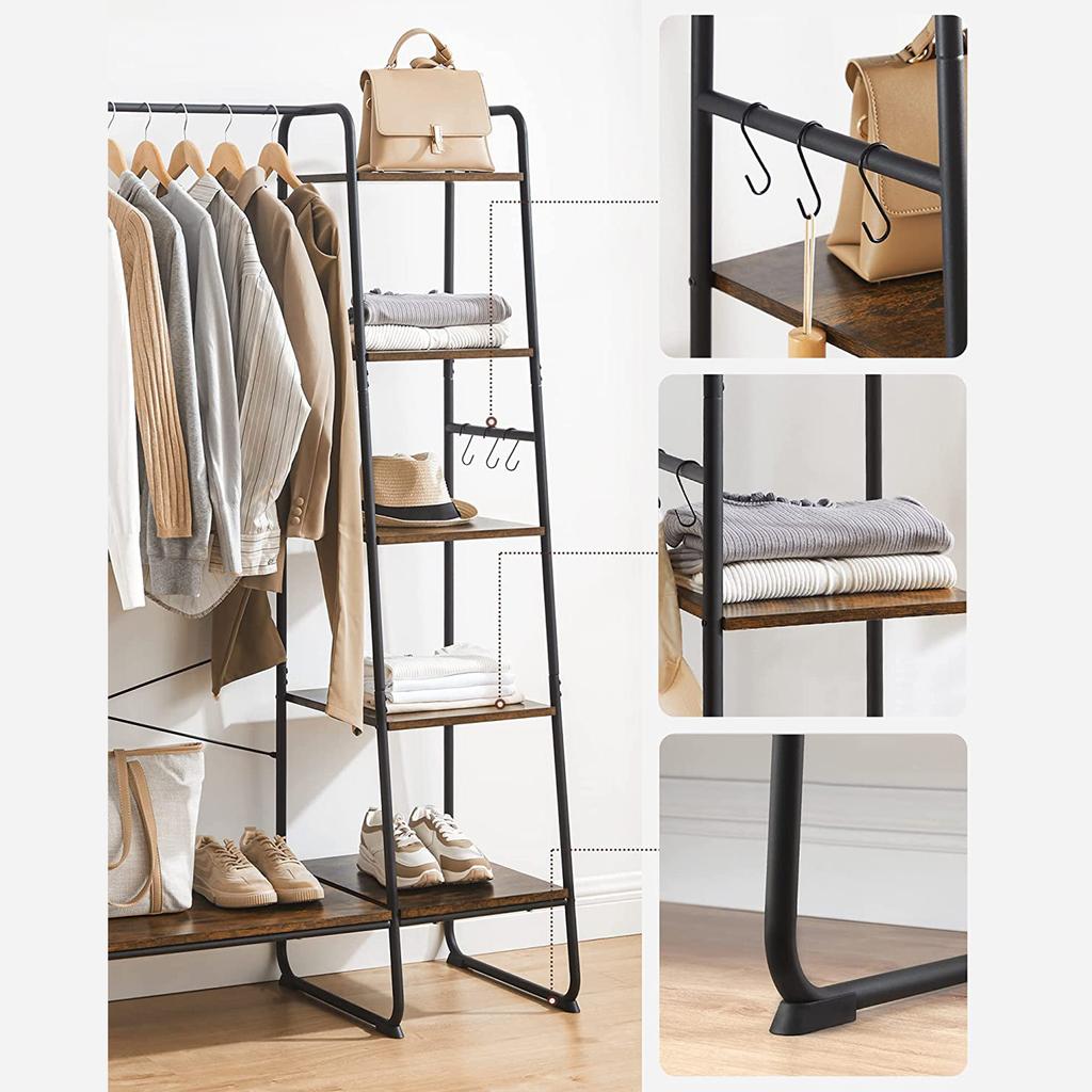 VASAGLE Clothes Rail, Clothes Rack with Shoe Shelf, 5-Tier Storage Rack, 6 Side Hooks, for Bedroom, Living Room, Rustic Brown and Black