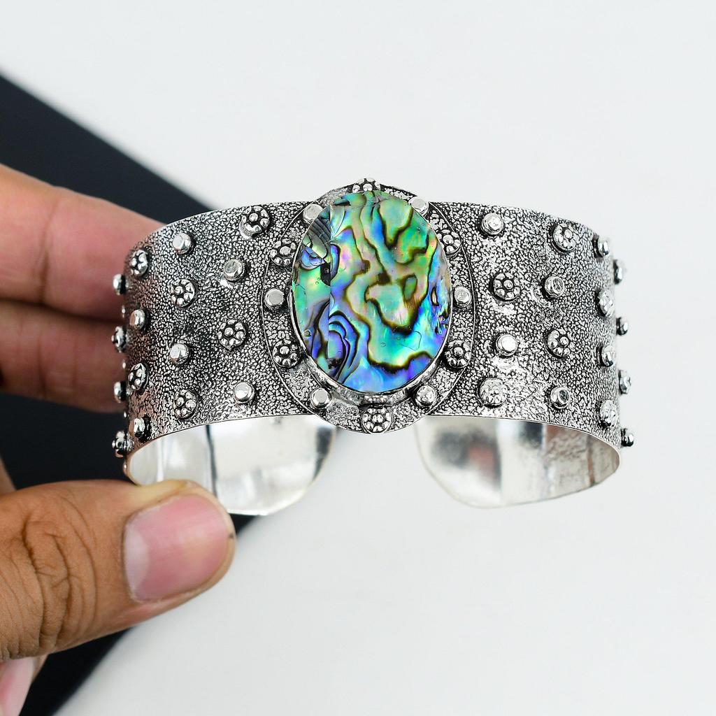 Natural Abalone Shell Gemstone Handmade 925 Sterling Silver Cuff Bangle , Abalone Shell Bangle,For Wife, Unisex Bangle, Gifts For Father's Day