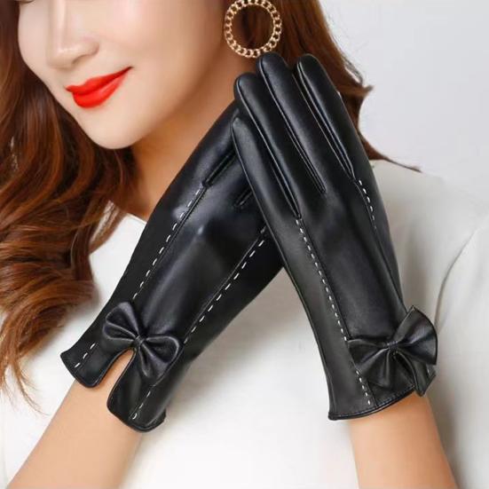 Women Faux Leather Gloves Fleece Lined Touch Screen Gloves Warm Winter Gloves with Bows