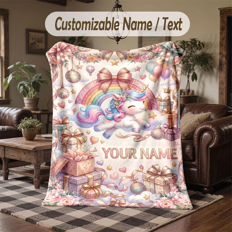 Unicorn Theme Throw Blanket Custom Name Text Personalized Blanket Soft Cozy Blanket for Home Sofa Bed