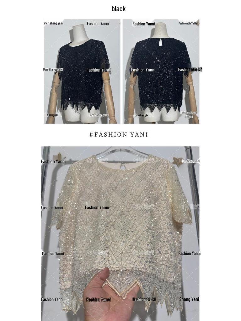 Versatile Sequin Beaded Short Sleeve Top - European & American Net Red Trend: Loose Fit & Slimming Round Neck for Women