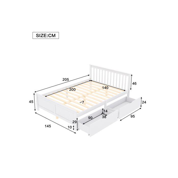 Lit double - MUVOE - 140x200 cm - Bois massif - Blanc - Avec tiroirs de rangement