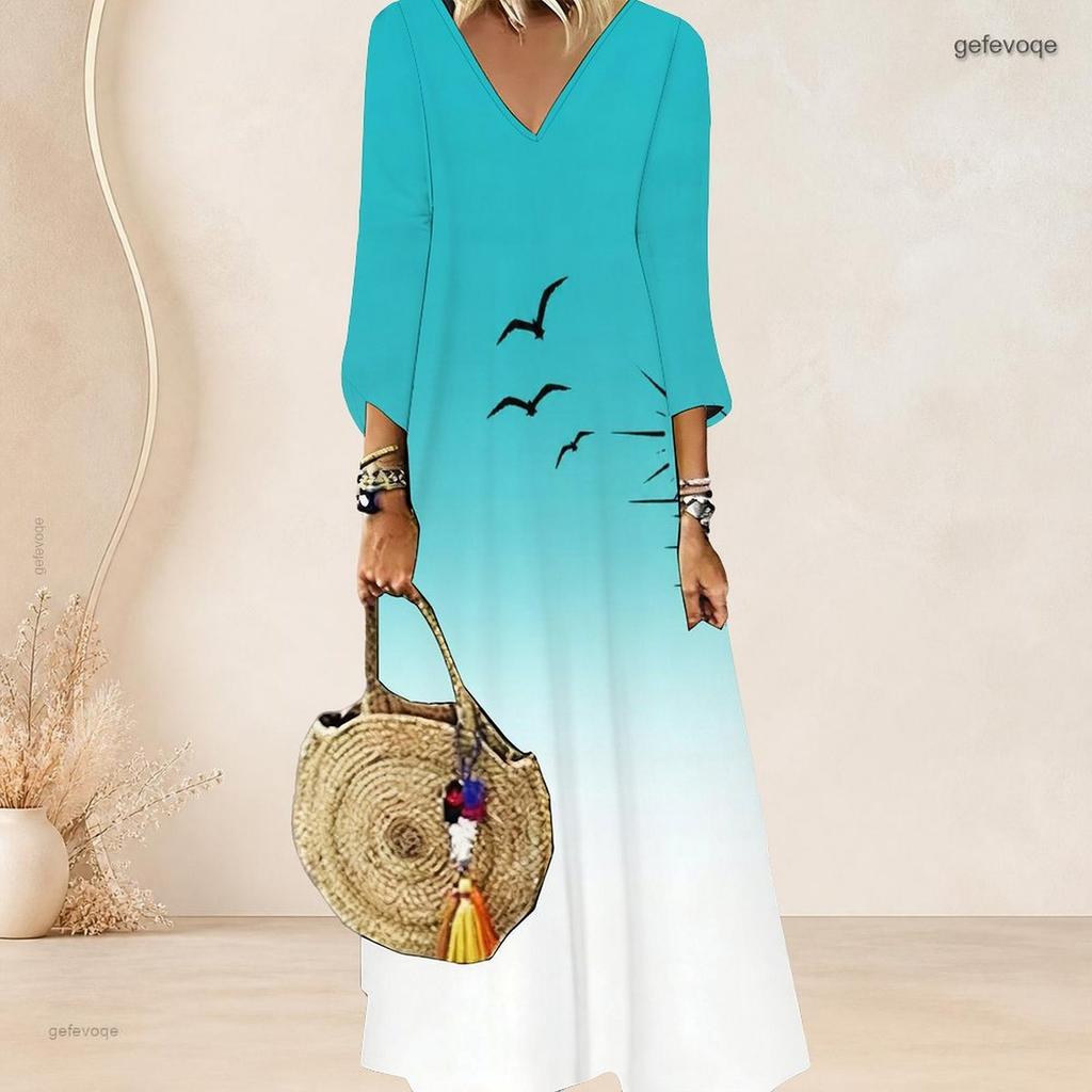 Women Plus Size V Neck Three Quarter Sleeve Palm Print Gradient Long Dress