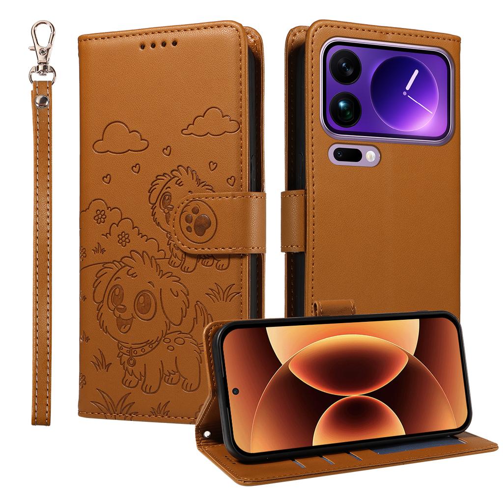 For Xiaomi 17 Pro Max Case RFID Blocking Imprinted Dog Pattern PU Leather Phone Cover with Wrist Strap