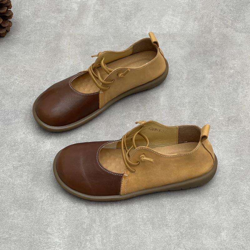 Johnature Handmade Genuine Leather Round Toe Mixed Colors Women's Flat Shoes Elastic Band Slip-on Loafers