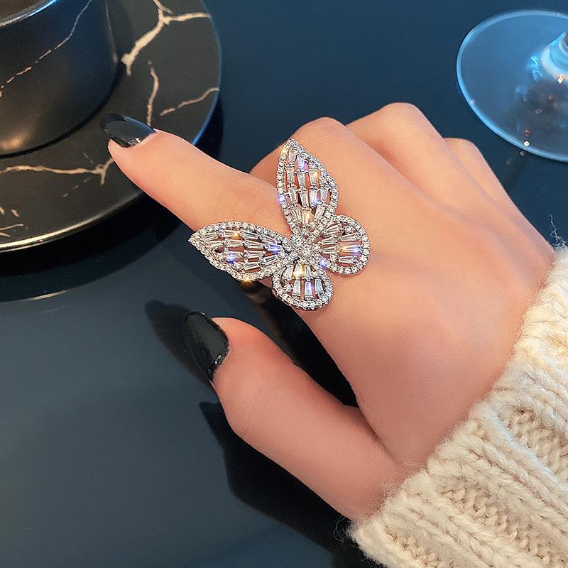 Super Immortal Zircon Butterfly Open Index Finger Ring, Trendy Design Temperament Versatile Index Finger Ring