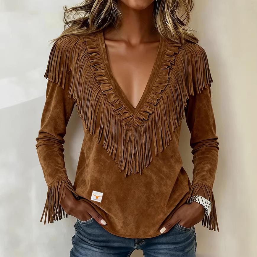 European & American Tassel Suede V-Neck Slimming Jacket for Women - Autumn/Winter Fashion