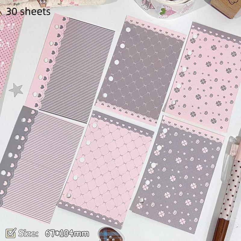 Æstetisk 6-huls ringbind påfyldningspapir 60 ark 6 designs M5 løse ark planlæggerindsats Pink Brun Journal sider