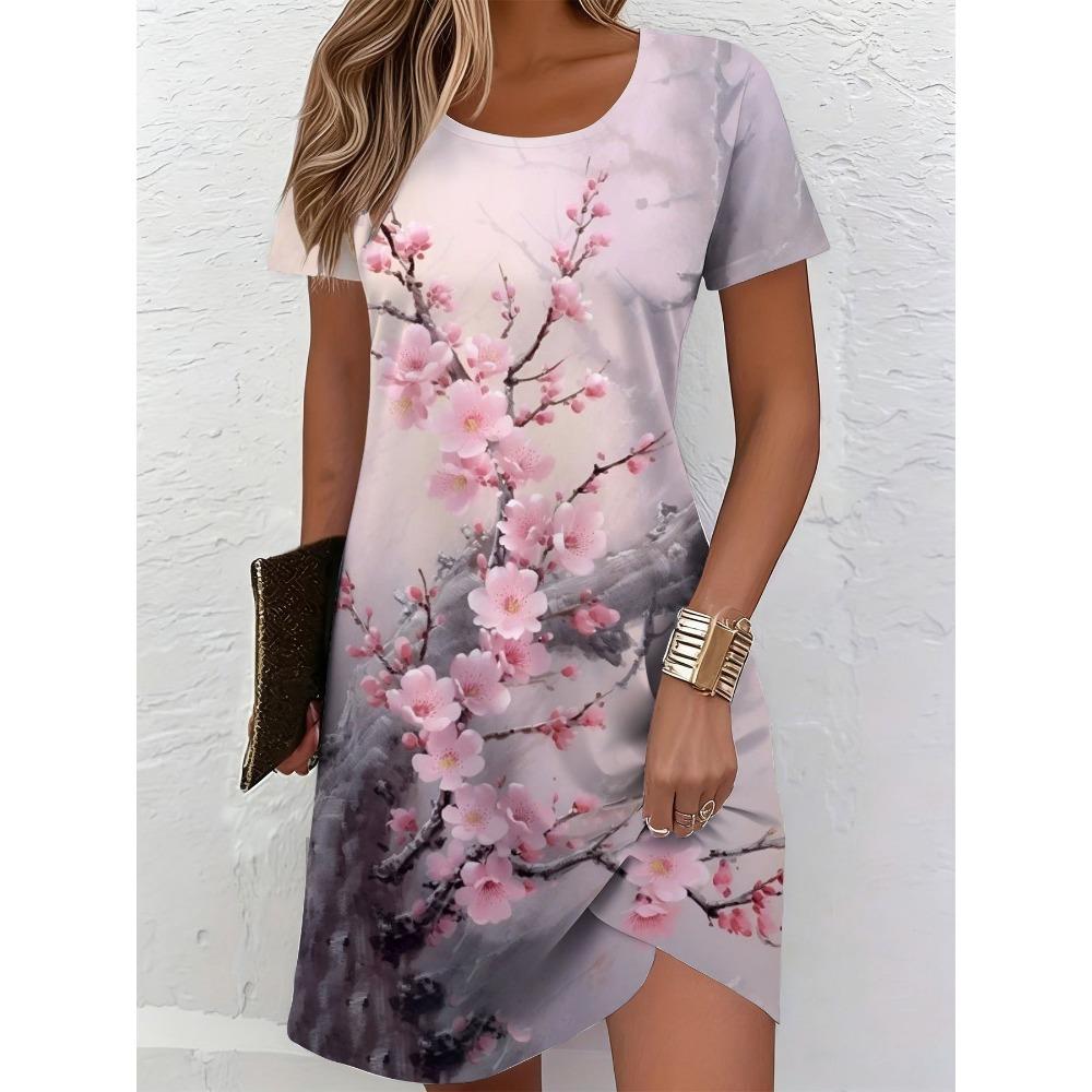 Modisches Sommer Damen Plus Size Kurzarm T-Shirt Kleid Bequem Atmungsaktiv Rundhals 3D Retro Blumenmuster Urlaubs-Partykleid