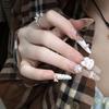 Korean Style Nude Pink 3D Bow False Nails - Milky White Translucent Base for Daily Wear