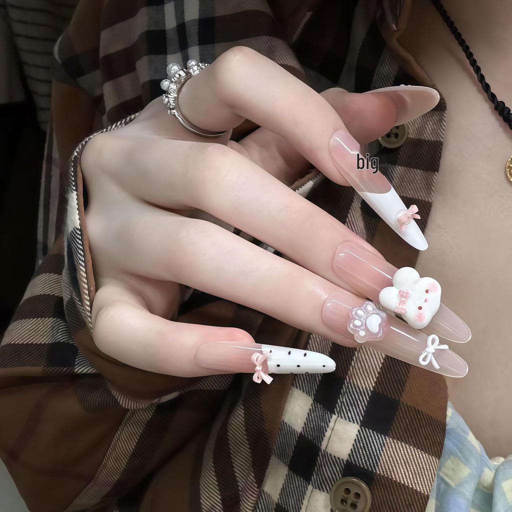 Korean Style Nude Pink 3D Bow False Nails - Milky White Translucent Base for Daily Wear