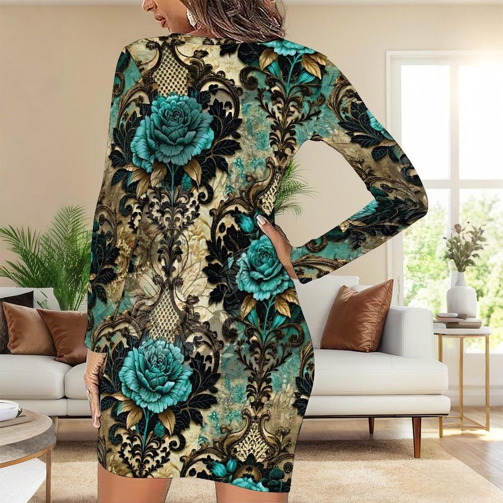 2025 Outono e Inverno Novo Estampa Floral 3D e Tingimento Moda Feminina Manga Longa Gola Redonda Vestido Envolvente de Quadril Dia dos Namorados Limitado