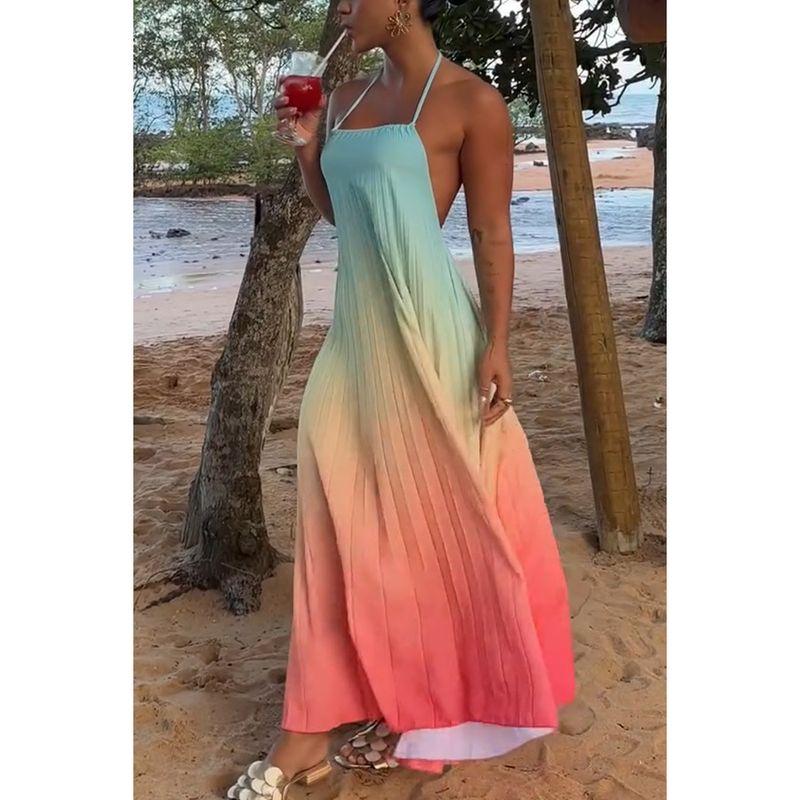 

Summer European and American Women s Clothing Open Back Halter Lace-up Gradient Loose Graceful and Fashionable Dress Orange Red S