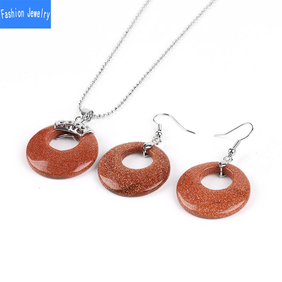 Damen Naturstein Hohl Konzentrisch Rund Set Blume Grün Weiß Kristall Tigerauge Stein Ohrring Halskette Set