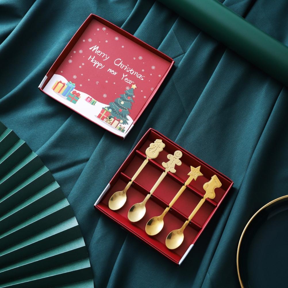 Christmas Spoon 4 Piece Stainless Steel Spoon Christmas Tableware Set Coffee Tea Dessert Soup