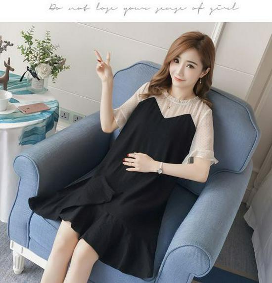 Korean Style Summer 2026 Maternity Chiffon Dress with Short Sleeves - Trendy Mid-Length Design for Moms