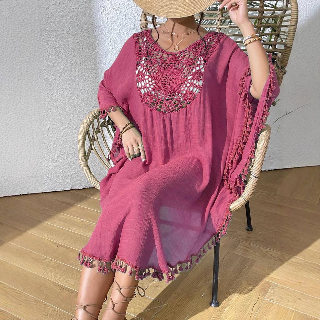 QICED Beach Dress, Beach Smock, Crocheted Patchwork Tassel Swimsuit, Bikini Outerwear