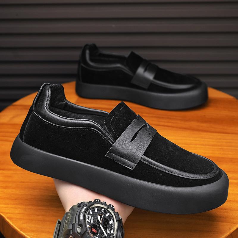 

Мужская обувь 2025 осень новая мужская платформа удобные ленивые туфли на одной педали британская кожа трендовая повседневная обувь для скейтборда 44 чёрный