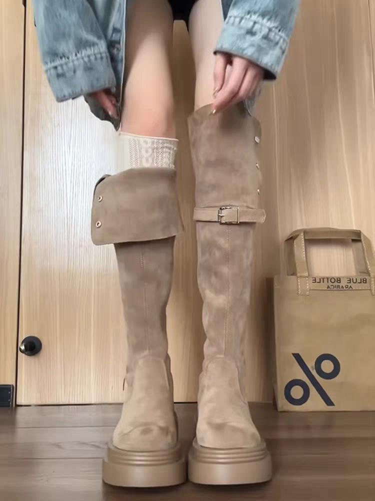 Fashion tribe two wear folded thick-soled boots children's new thick-heeled knee knight boots in autumn and winter 2025