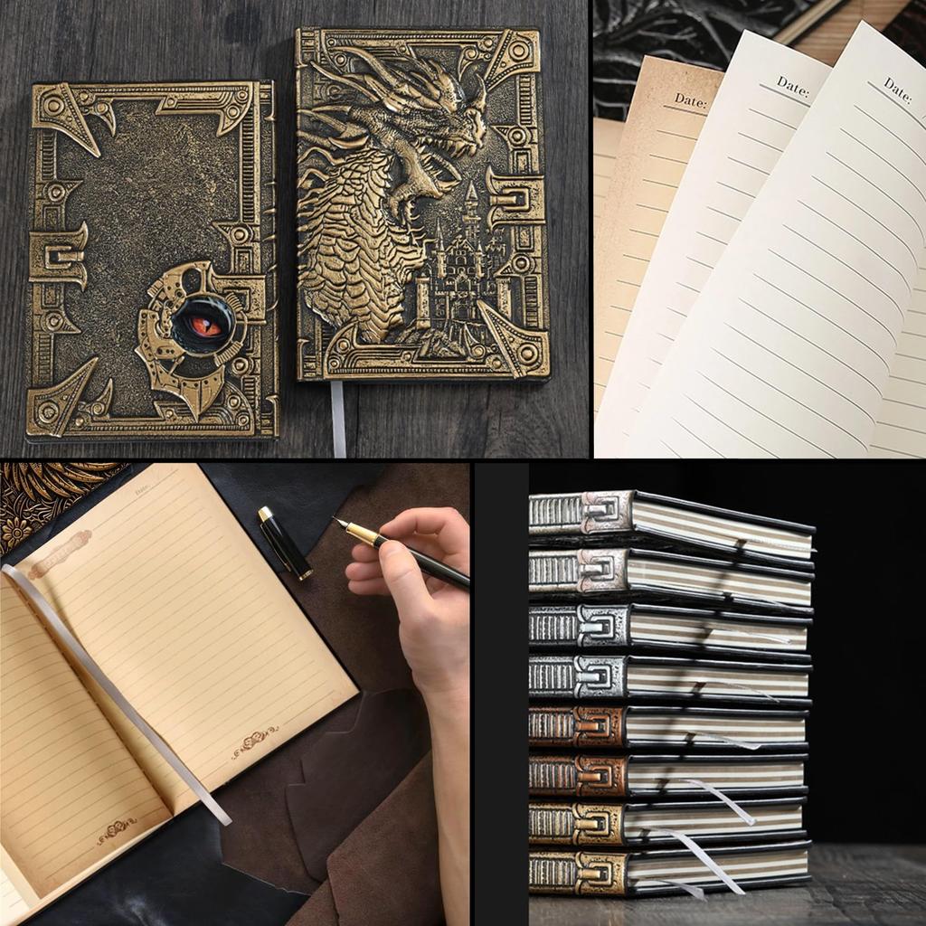 NOELAMOUR Antique Notebook A5 Dragon Design Stylish Magic Book Diary Magic Notebook Retro Western Book Dragon Cosplay Prop (Gold)