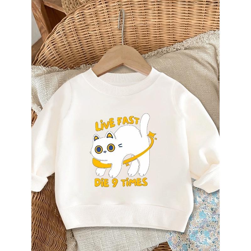 European sizes Cute Cat Print Kids' Spring Thin Round Neck Sweatshirt 0-3 Years Comfortable Outdoor Outfit Choice