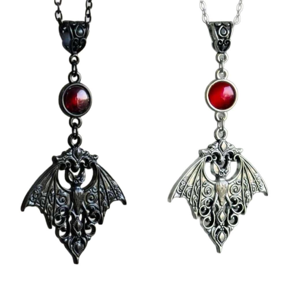 Gothic Punk Hollowed-out Black Vampire Bat Red Crystal Pendant Necklace for Men Women Halloween Party Jewelry Accessories Gifts