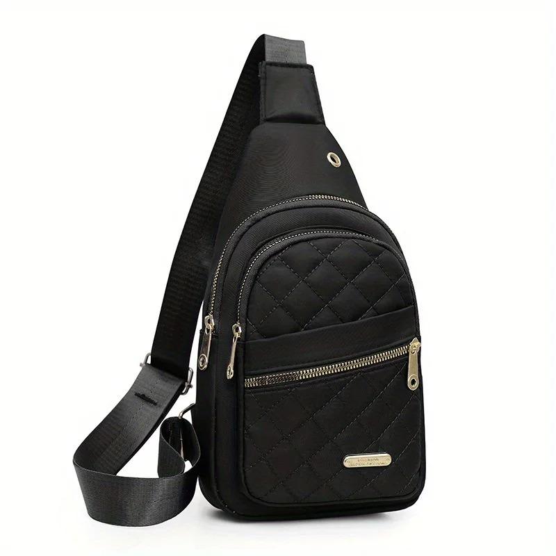 Nylon Sling Quilted Chest Bag with Gold Zipper, Multi Pocket Crossbody Bags for Women Men Daily Casual Travel Outdoor Sport Bag