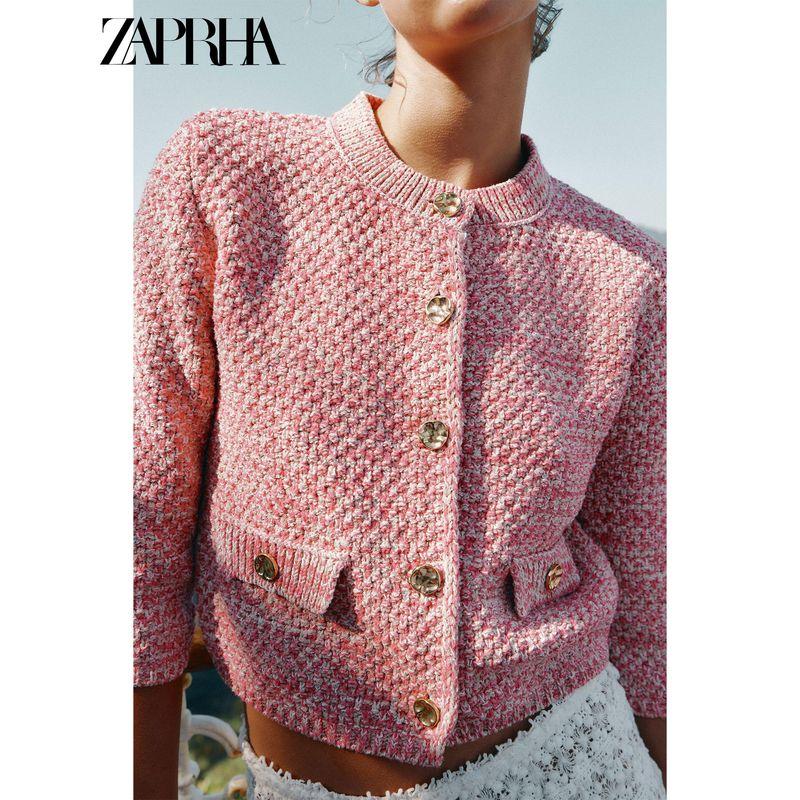 Zaprha 2025 Fall New Fashion Casual Pink 3/4 Sleeve Knitting Cardigan Short Coat Female 6427041