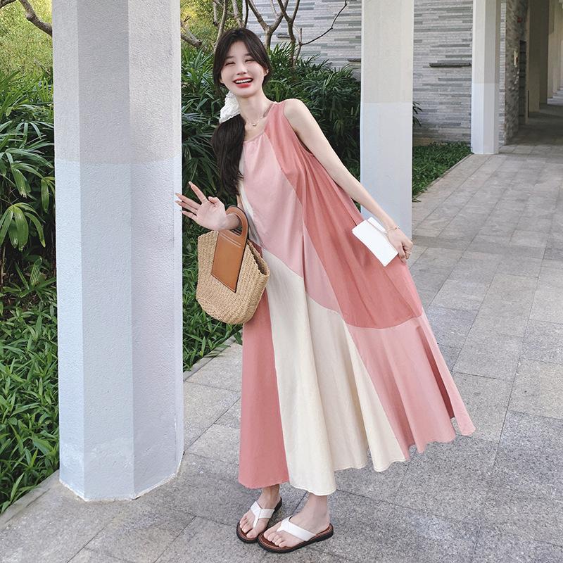 Real Shot Pink Splicing Big Skirt Dress Women's Summer New Holiday Style Super Good-looking Temperament Thin Vest Long Dress