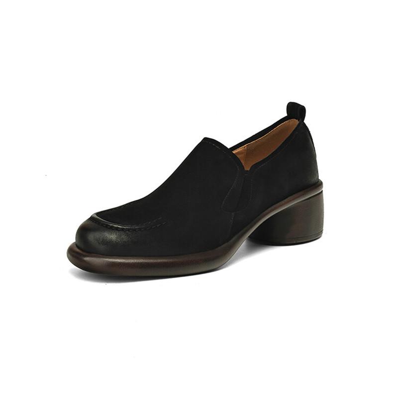 Fashion New Autumn Genuine Leather Women Shoes Fashion Round Toe Shoes for Women Chunky Heel Loafers Zapatos Mujer Women Pumps Brown