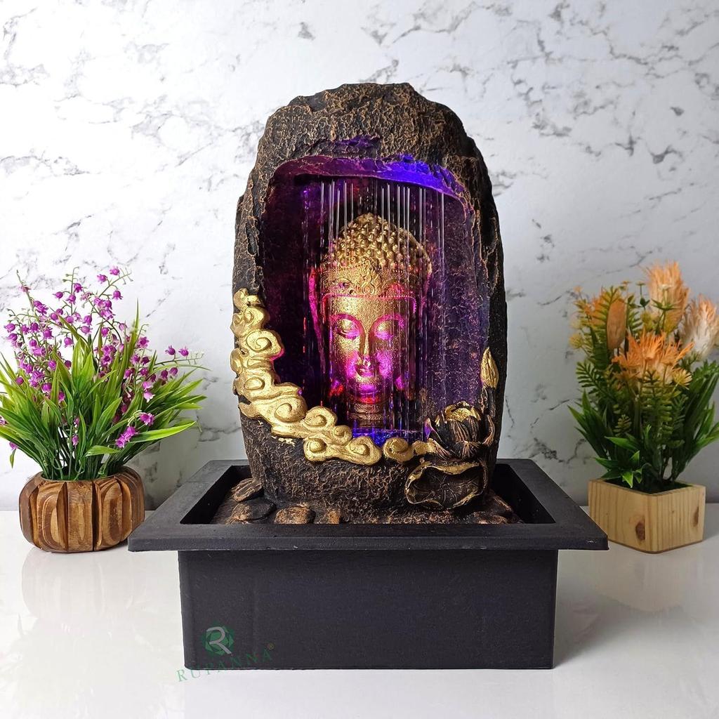 Fântână de Apă de Masă Gufa Buddha cu Lumină LED RGB pentru Decor Acasă/Birou/Cadou/Cadou de Casă Nouă/Cadou de Nuntă (Piatră Maro)