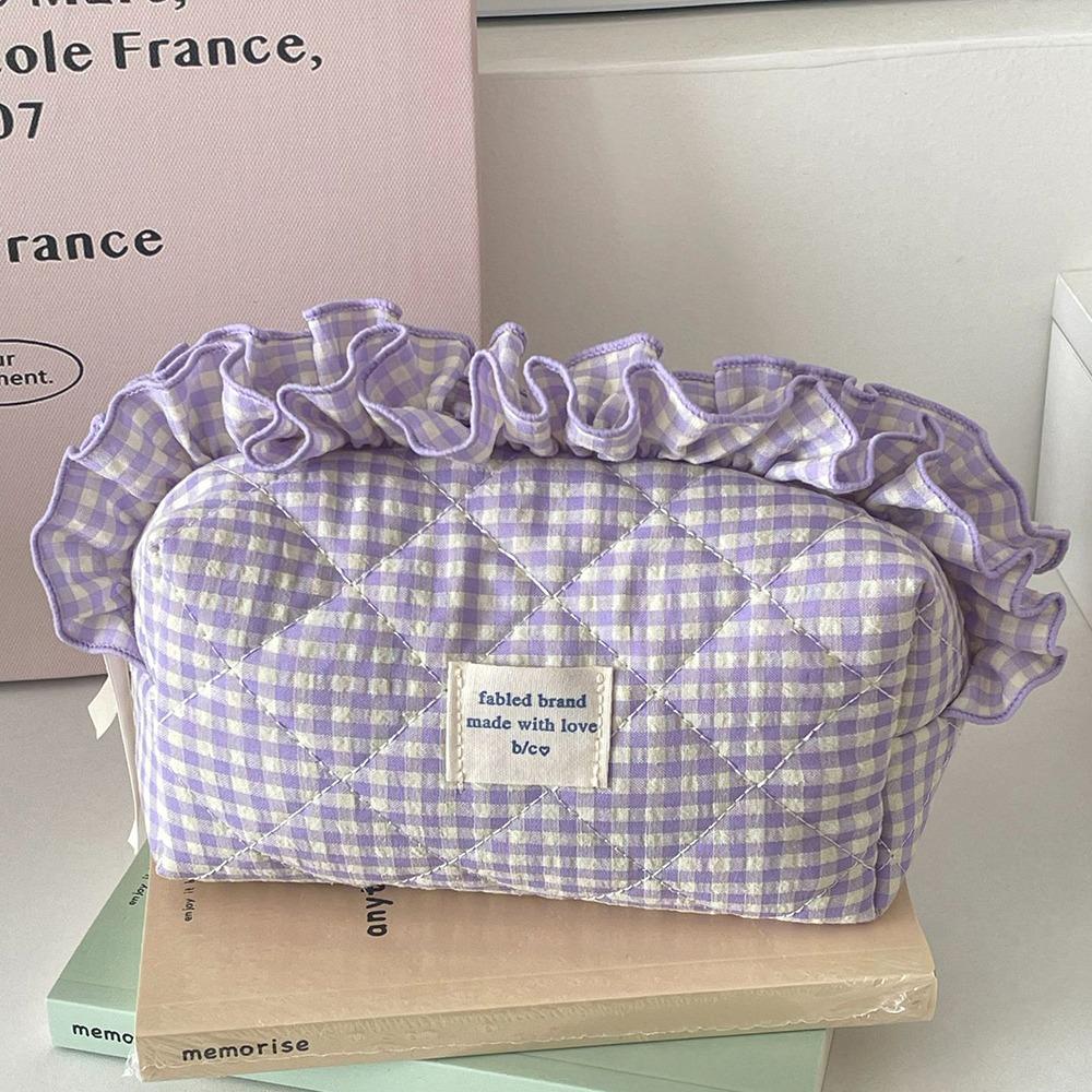 with Zipper Cosmetic Cases Plaid Pattern Toiletry Organizer Sweet Ruffle Makeup Bag  Girl