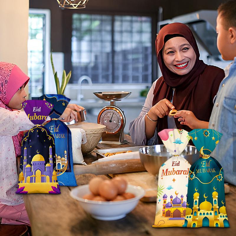 50pcs Eid Mubarak Gift Bags Plastic Candy Cookie Pouch Ramadan Decoration 2024 Islamic Muslim Party Supplies Eid Al-fitr 2024