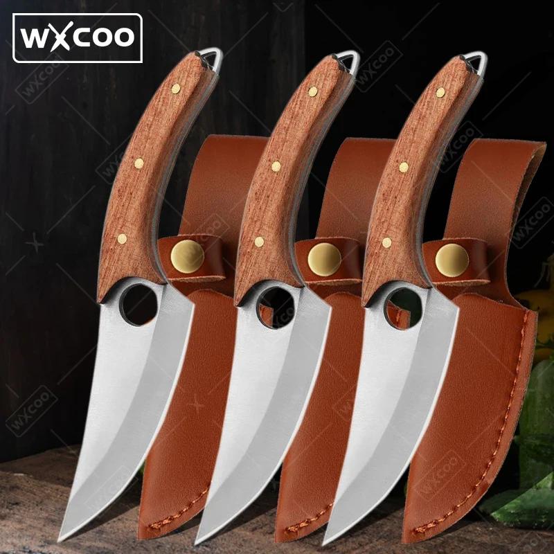 Portable Boning Knife Mini Kitchen Pocket Knife Chef Meat Cutting Fruit Cleaver Butcher with Cover Cooking Wooden Handle