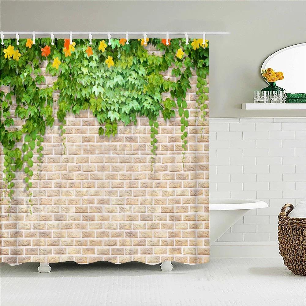 Retro Old Brick Wall Plant Printing Fabric Waterproof Shower Curtain Bathroom Curtains Bathtub Decor Bath Screen with 12 Hooks